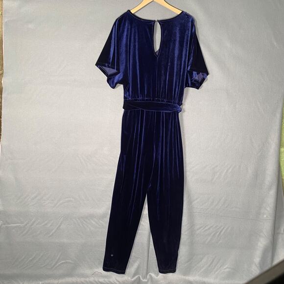 Lily Rose Juniors Velvet Jumpsuit Size XL Blue Belted Flutter Sleeves V-neck NWT - Picture 7 of 14